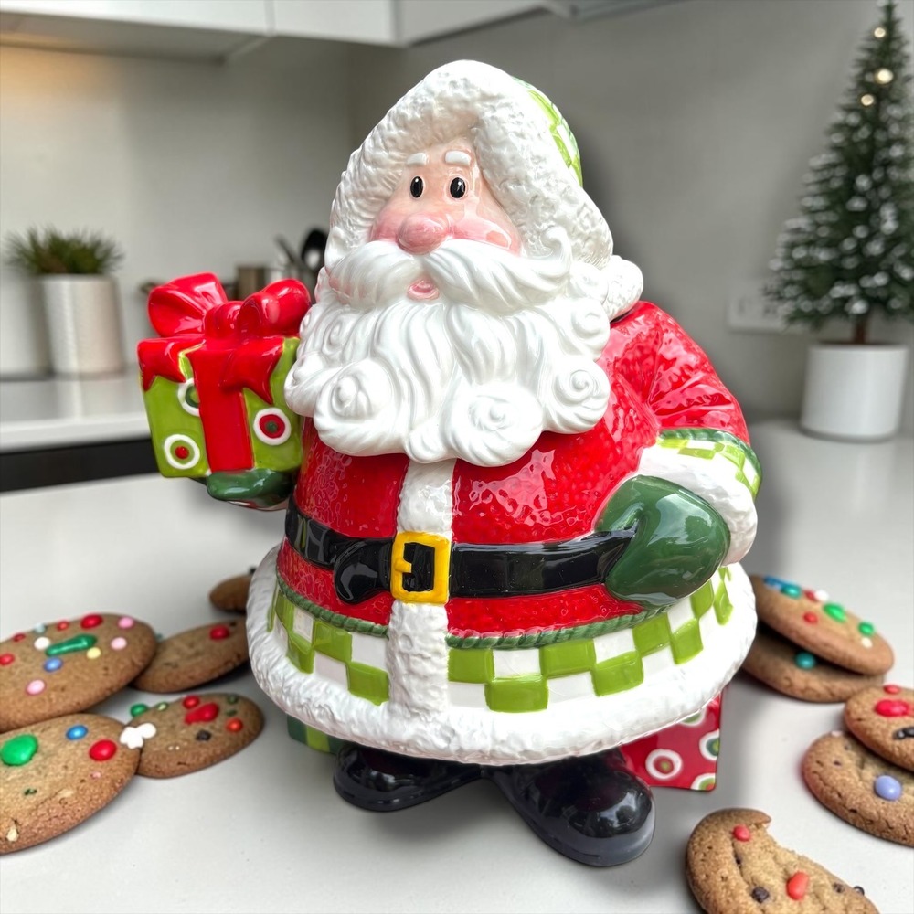 Fitz and Floyd Holiday Cheer Santa Cookie Jar Christmas Ceramic Canister 2008
